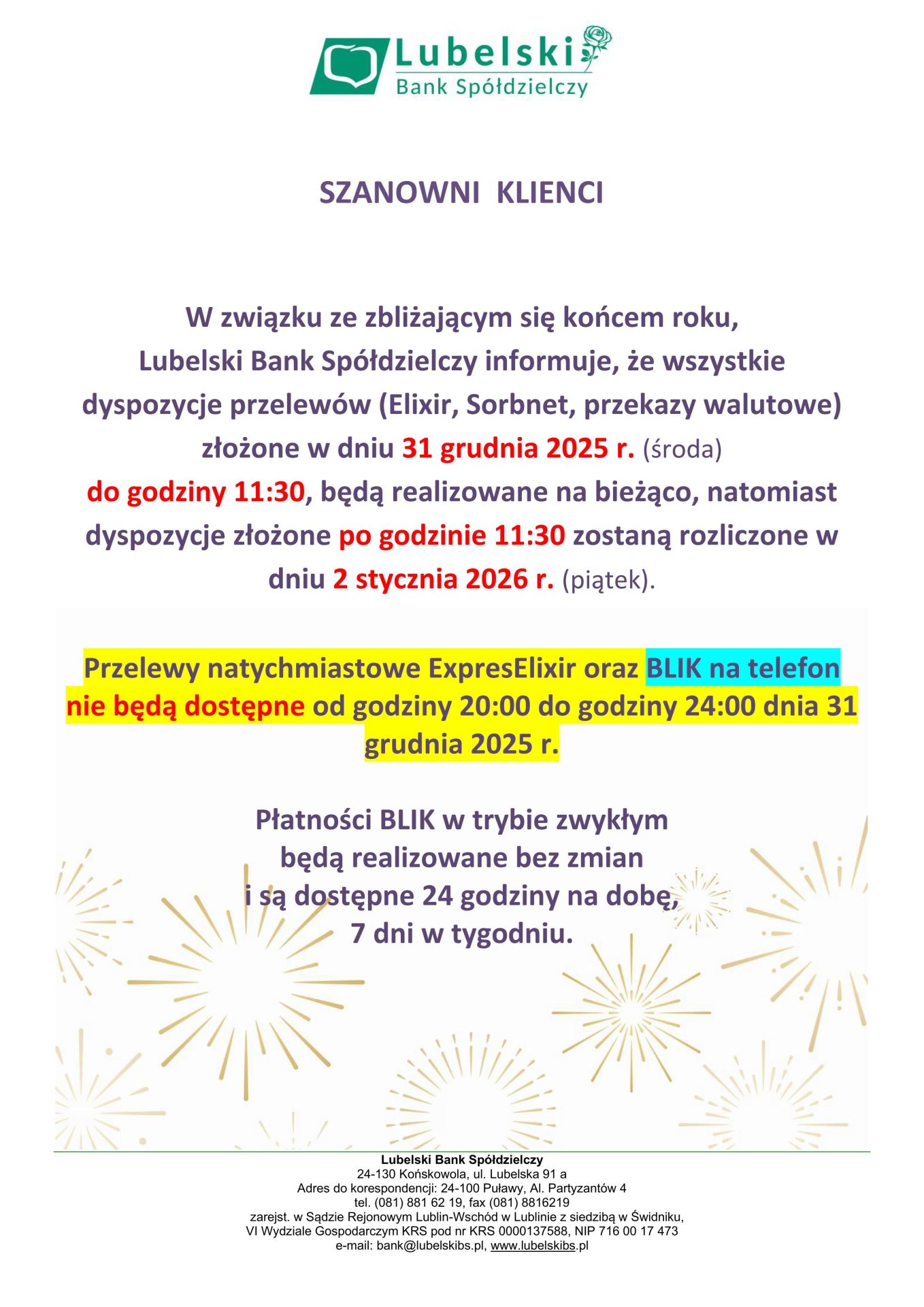 komunikat dotyczący godzin przelewów w sylwestra